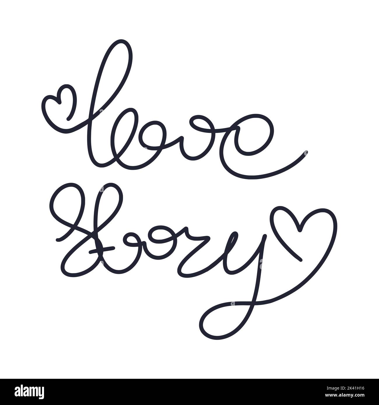 Lettering love story with hearts doodle illustration. Handwritten lettering for Valentine's day isolated vector. Tag for printing. Typographic decorat Stock Vector