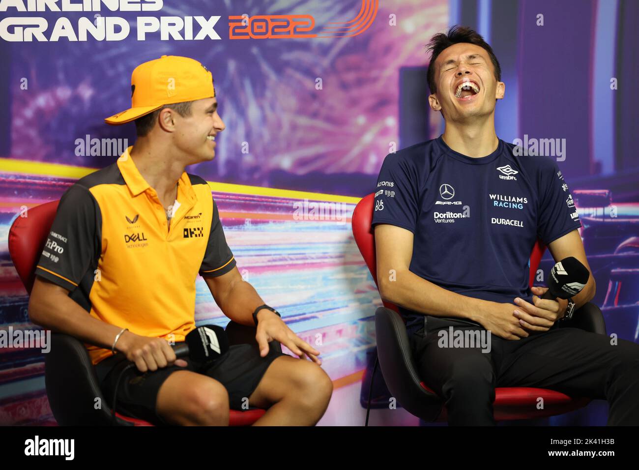 NORRIS Lando (gbr), McLaren F1 Team MCL36, and ALBON Alexander (tha), Williams Racing FW44, portrait, press conference during the Formula 1 Singapore Airlines Singapore Grand Prix 2022, 17th round of the 2022 FIA Formula One World Championship from September 30 to October 02, 2022 on the Marina Bay Street Circuit, in Singapore - Photo: Florent Gooden/DPPI/LiveMedia Stock Photo