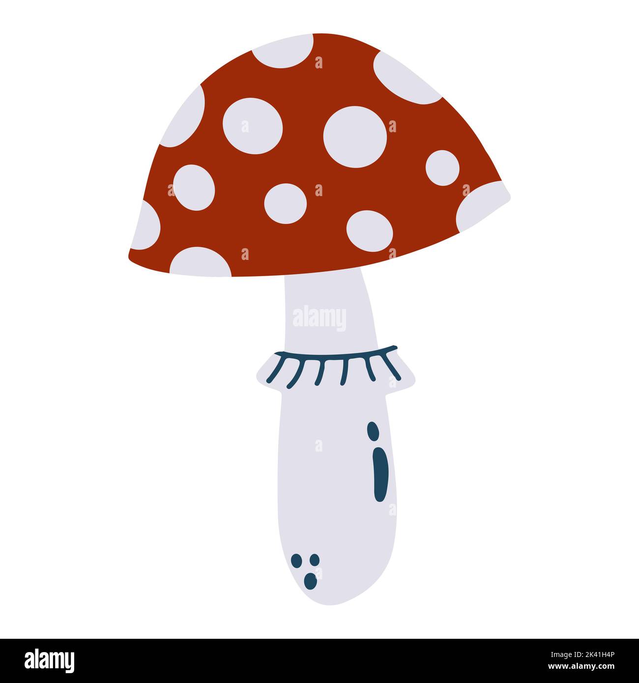 Hand drawn amanita mushroom in cartoon flat style isolated on white background. Vector illustration of fly-agaric. Stock Vector