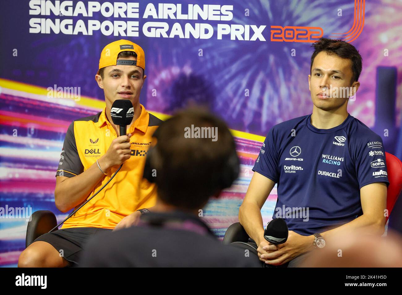 NORRIS Lando (gbr), McLaren F1 Team MCL36, ALBON Alexander (tha), Williams Racing FW44, portrait, press conference, during the Formula 1 Singapore Airlines Singapore Grand Prix 2022, 17th round of the 2022 FIA Formula One World Championship from September 30 to October 02, 2022 on the Marina Bay Street Circuit, in Singapore - Photo: Florent Gooden / Dppi/DPPI/LiveMedia Stock Photo