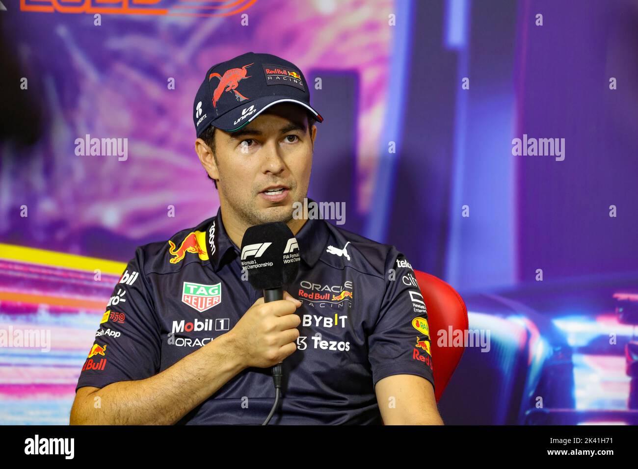 PEREZ Sergio (mex), Red Bull Racing RB18, portrait, press conference during the Formula 1 Singapore Airlines Singapore Grand Prix 2022, 17th round of the 2022 FIA Formula One World Championship from September 30 to October 02, 2022 on the Marina Bay Street Circuit, in Singapore - Photo: Antonin Vincent / Dppi/DPPI/LiveMedia Stock Photo