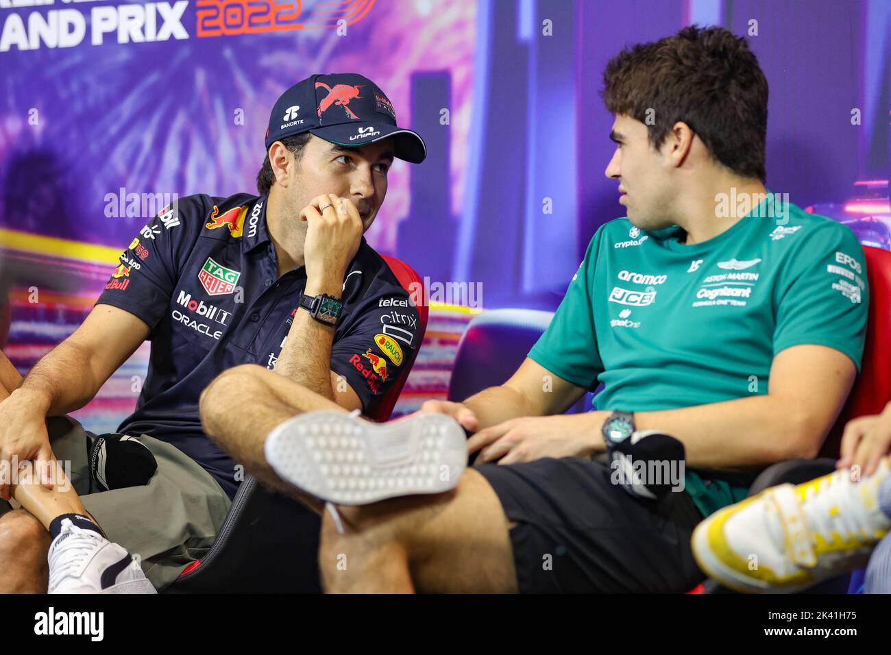 PEREZ Sergio (mex), Red Bull Racing RB18, STROLL Lance (can), Aston Martin F1 Team AMR22, portrait, press conference during the Formula 1 Singapore Airlines Singapore Grand Prix 2022, 17th round of the 2022 FIA Formula One World Championship from September 30 to October 02, 2022 on the Marina Bay Street Circuit, in Singapore - Photo: Antonin Vincent / Dppi/DPPI/LiveMedia Stock Photo