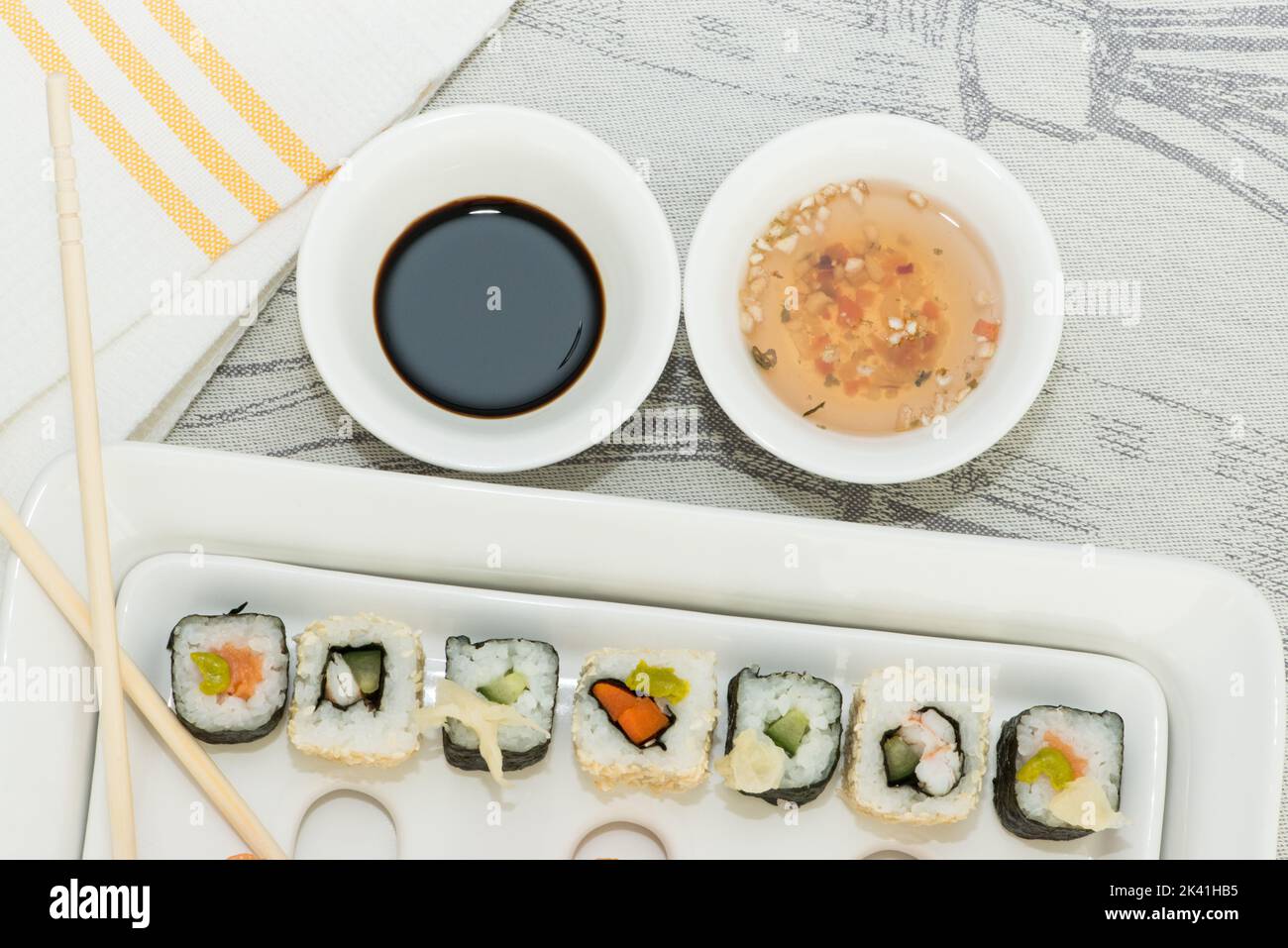 Sushi plate with sauces top view Stock Photo Alamy