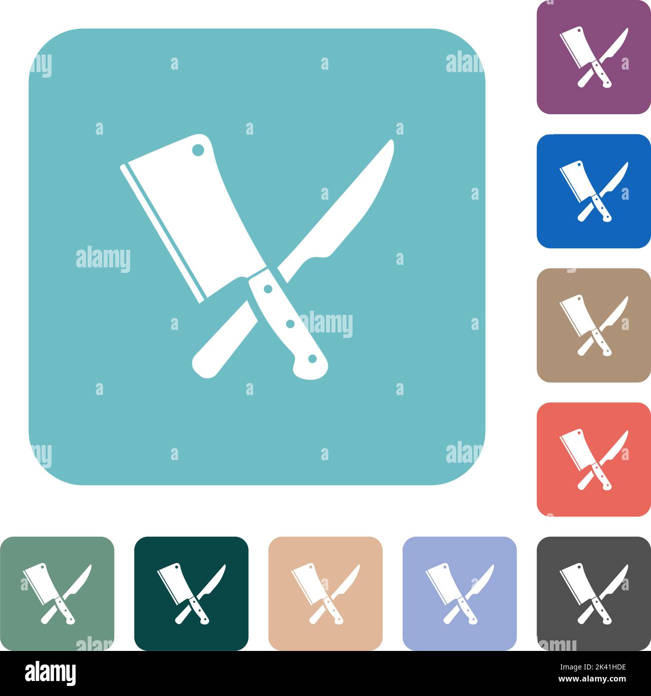 Crossed meat cleaver and knife white flat icons on color rounded square ...