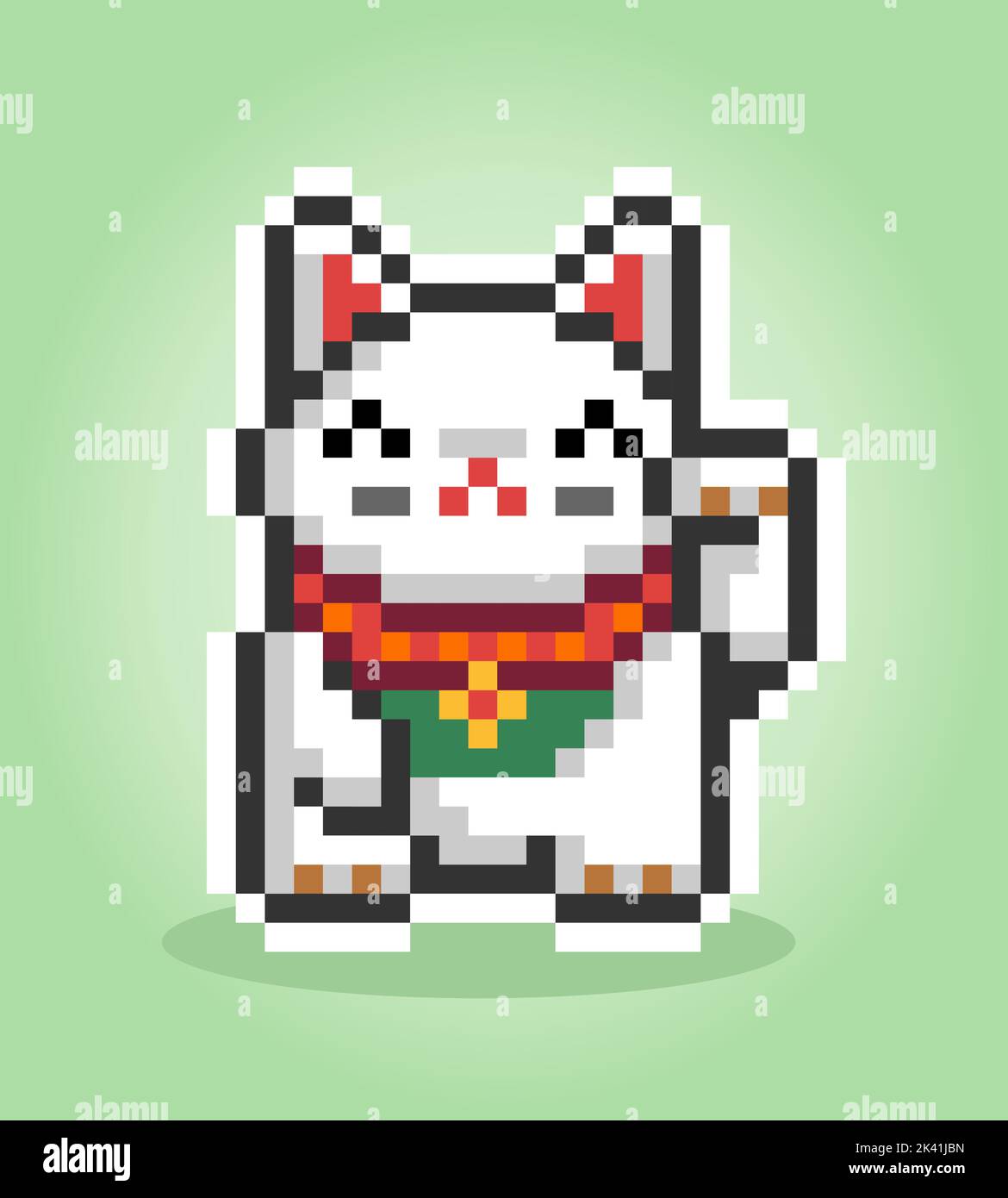 Pixel cat 8 bit. The Lucky cat, Maneki Neko in vector illustration. Stock Vector