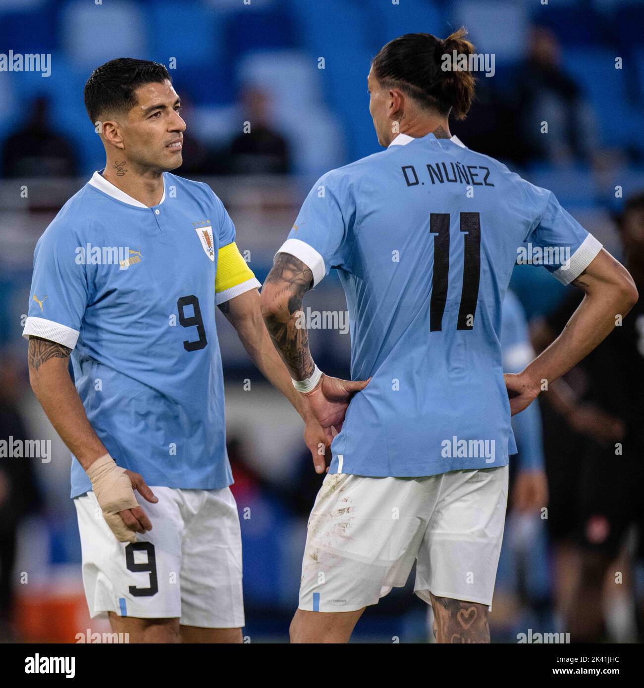 BRATISLAVA, SLOVAKIA - SEPTEMBER 27: Luis Suarez and Darwin Nunez of Uruguay during the international friendly match between Uruguay and Canada  at Te Stock Photo