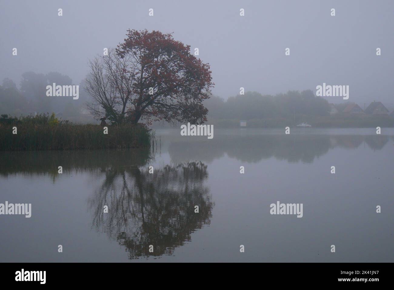 Early morning fog on a cold autumn day on the River Danube, Szigethalom, Hungary Stock Photo