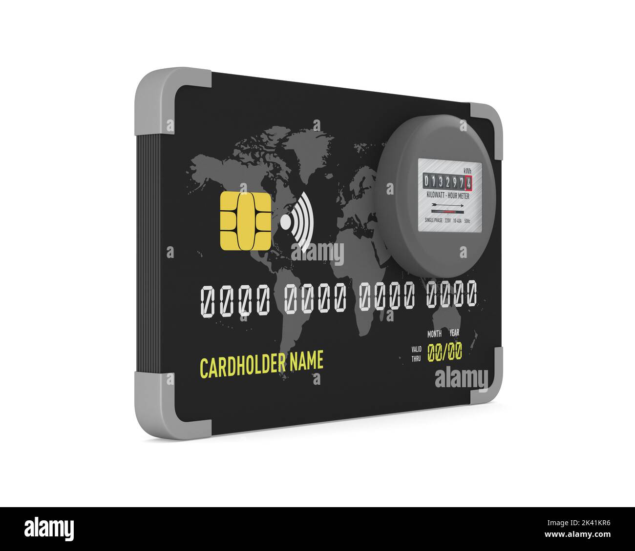 credit card with kilowatt hour electric meter on white background