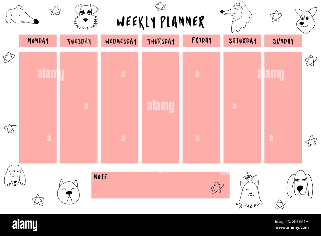 Weekly planner with cute outline dogs and stars in doodle cartoon style