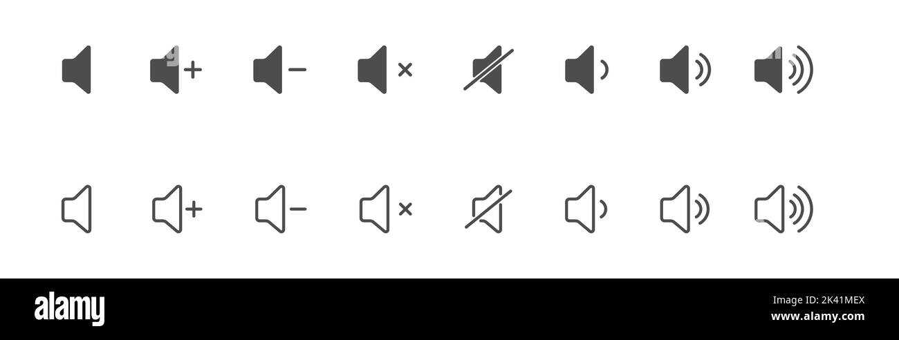 Volume icon. Sound controls. A set of symbols for the volume and control interface. Empty outline and filled silhouette, flat style. Stock Vector