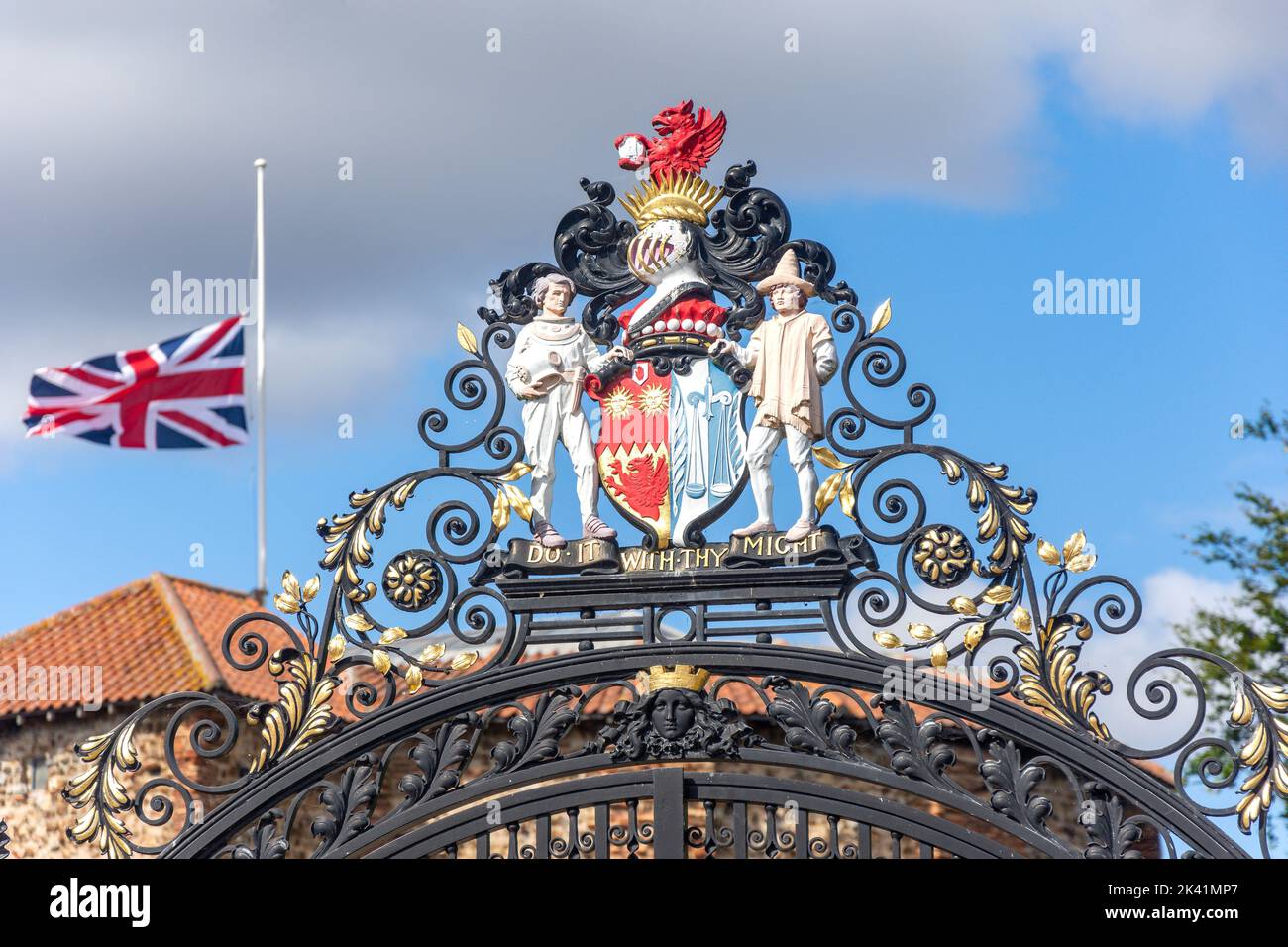 Coat of arms on top of gate to Colchester Castle, Upper Castle Park, Colchester, Essex, England, United Kingdom Stock Photo