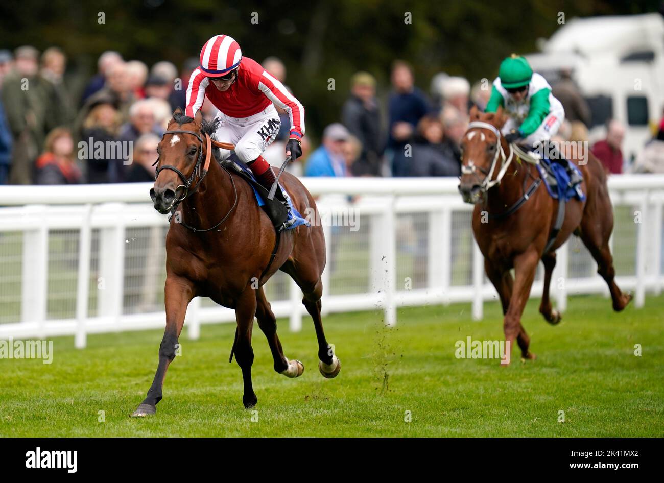 Bolt Action ridden by David Egan (left) wins The British EBF / PKF Francis Clark Conditions Stakes at Salisbury Racecourse. Picture date: Thursday September 29, 2022. Stock Photo