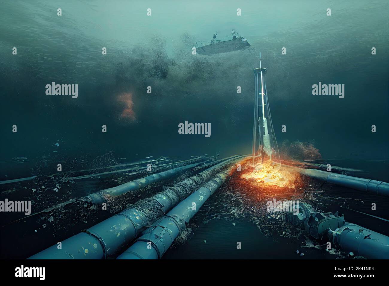 Sabotage of the underwater gas pipelines. Underwater explosion and gas leak. Concept of war