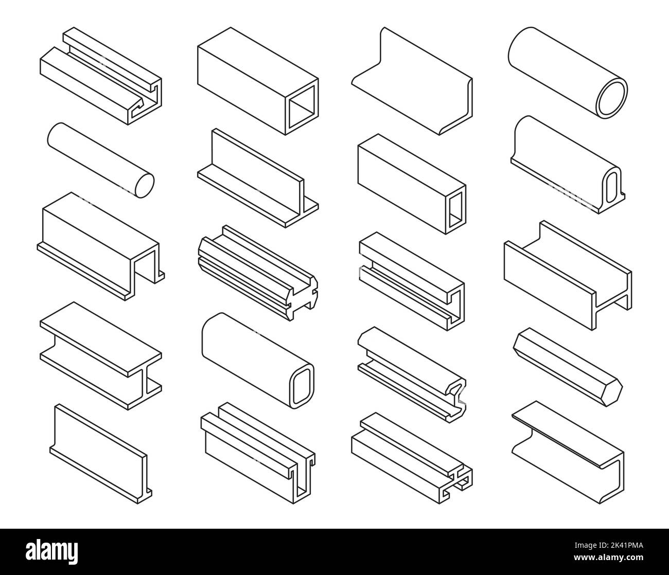Steel products, iron profile silhouettes. Metal beam, pipe, girder