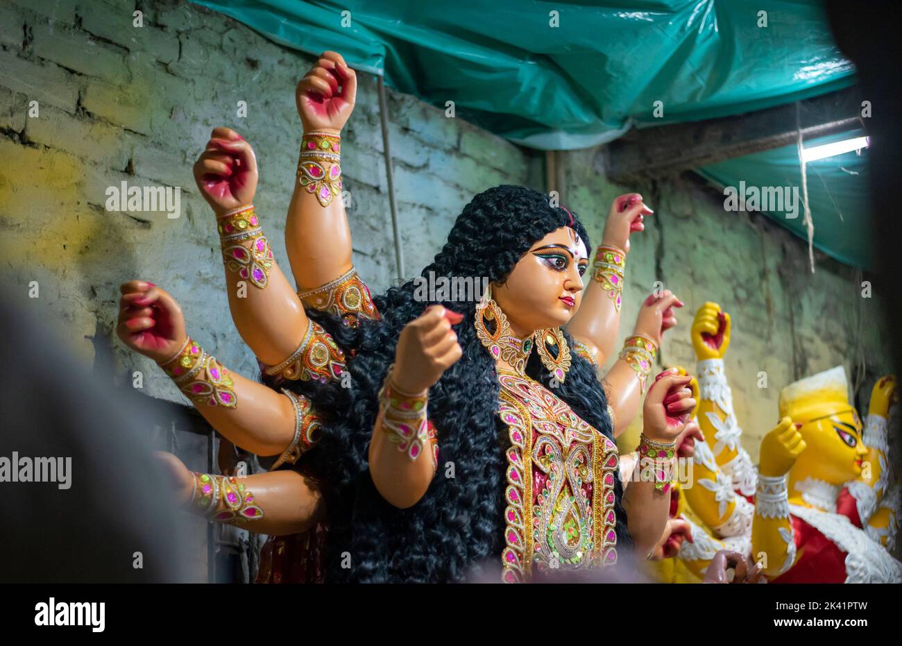Close-up of Hindu idol goddess Durga ready to go puja mandap Stock Photo