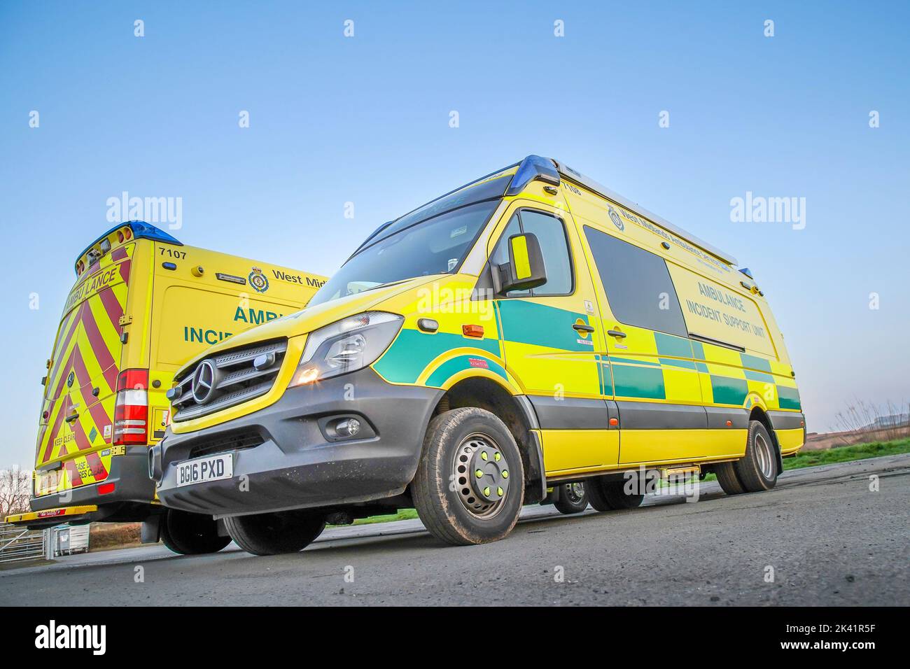 Low angle, front/side view of a West Midlands Ambulance Incident Support Unit vehicle parked outdoors, UK. Stock Photo