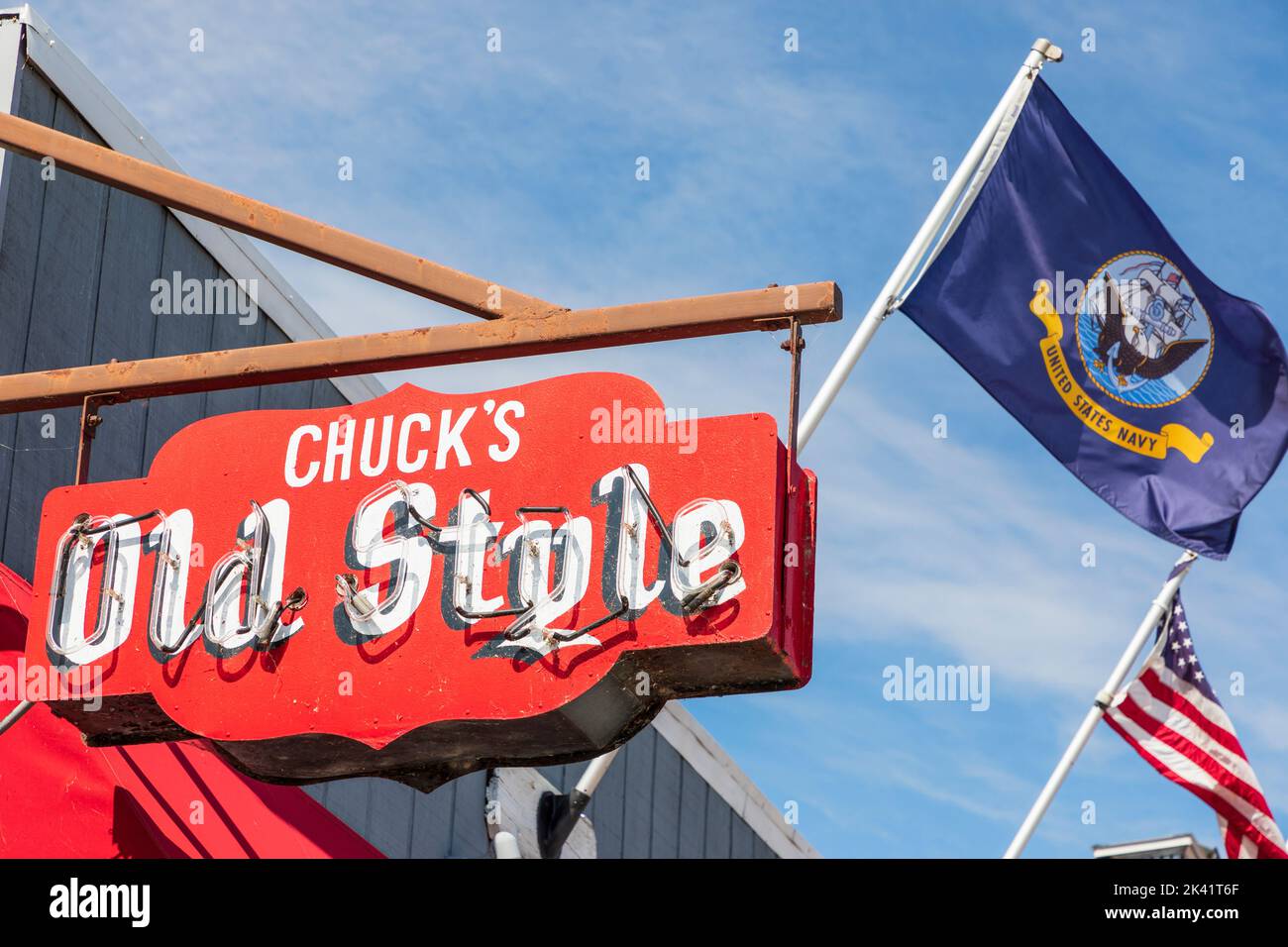 Neon sign outside Chucks famous bar restaurant in Fontana on Lake