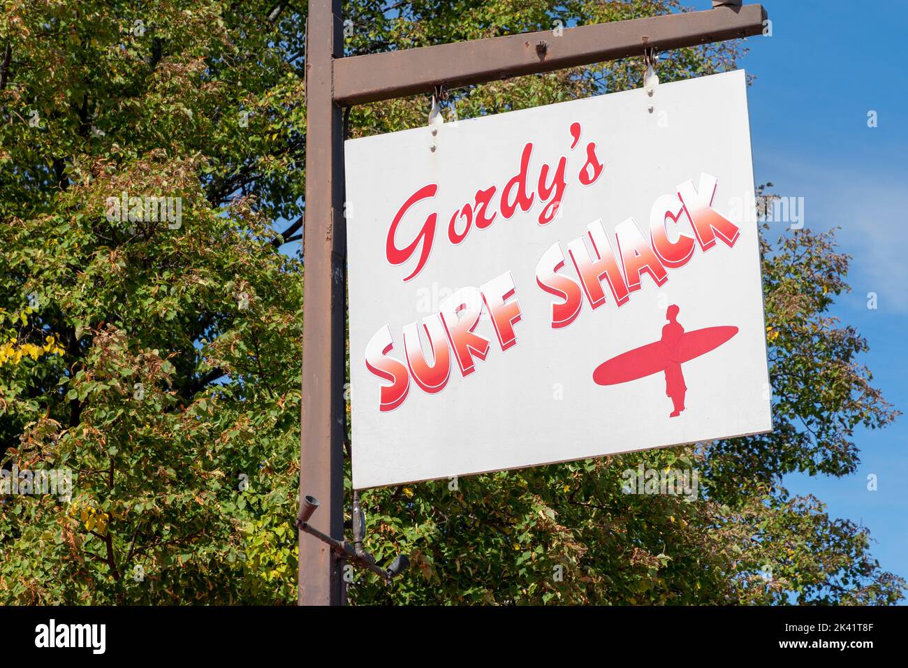 Hanging sign for Gordy's Surf Shack bar restaurant diner, Fontana on the Lake Geneva, Wisconsin, America. Stock Photo