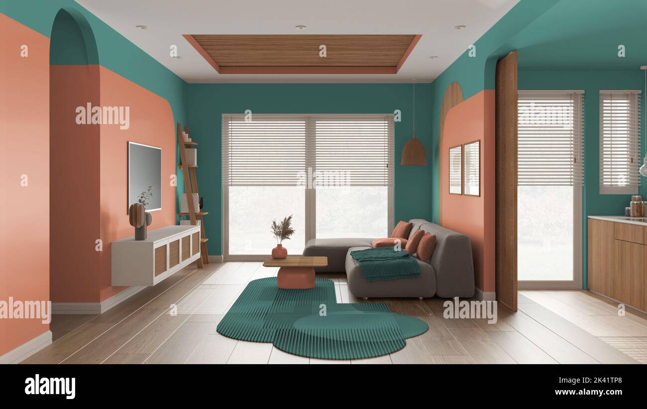 Modern wooden living room in orange and turquoise tones, velvet sofa