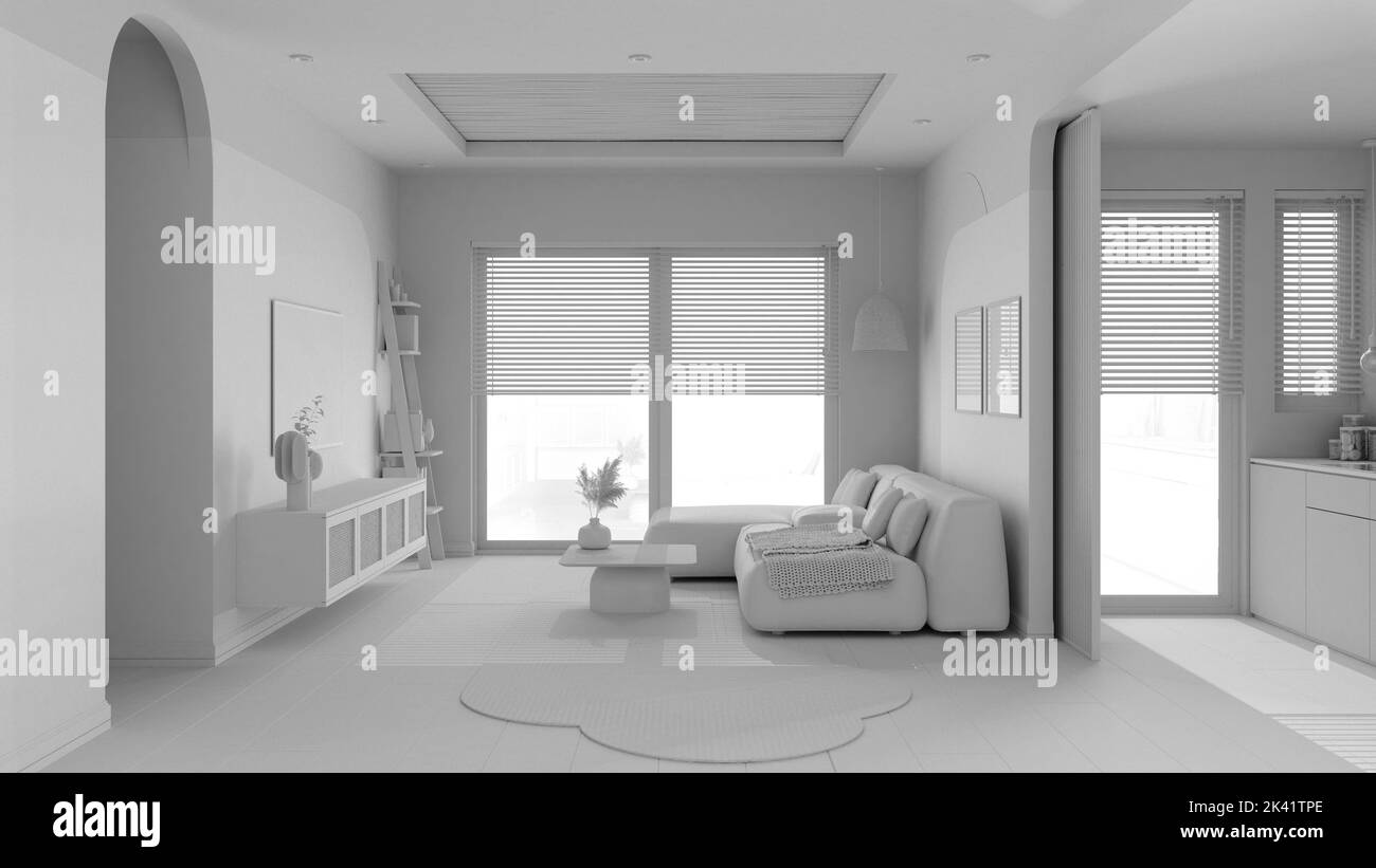 Total white project draft, modern wooden living room, velvet sofa with