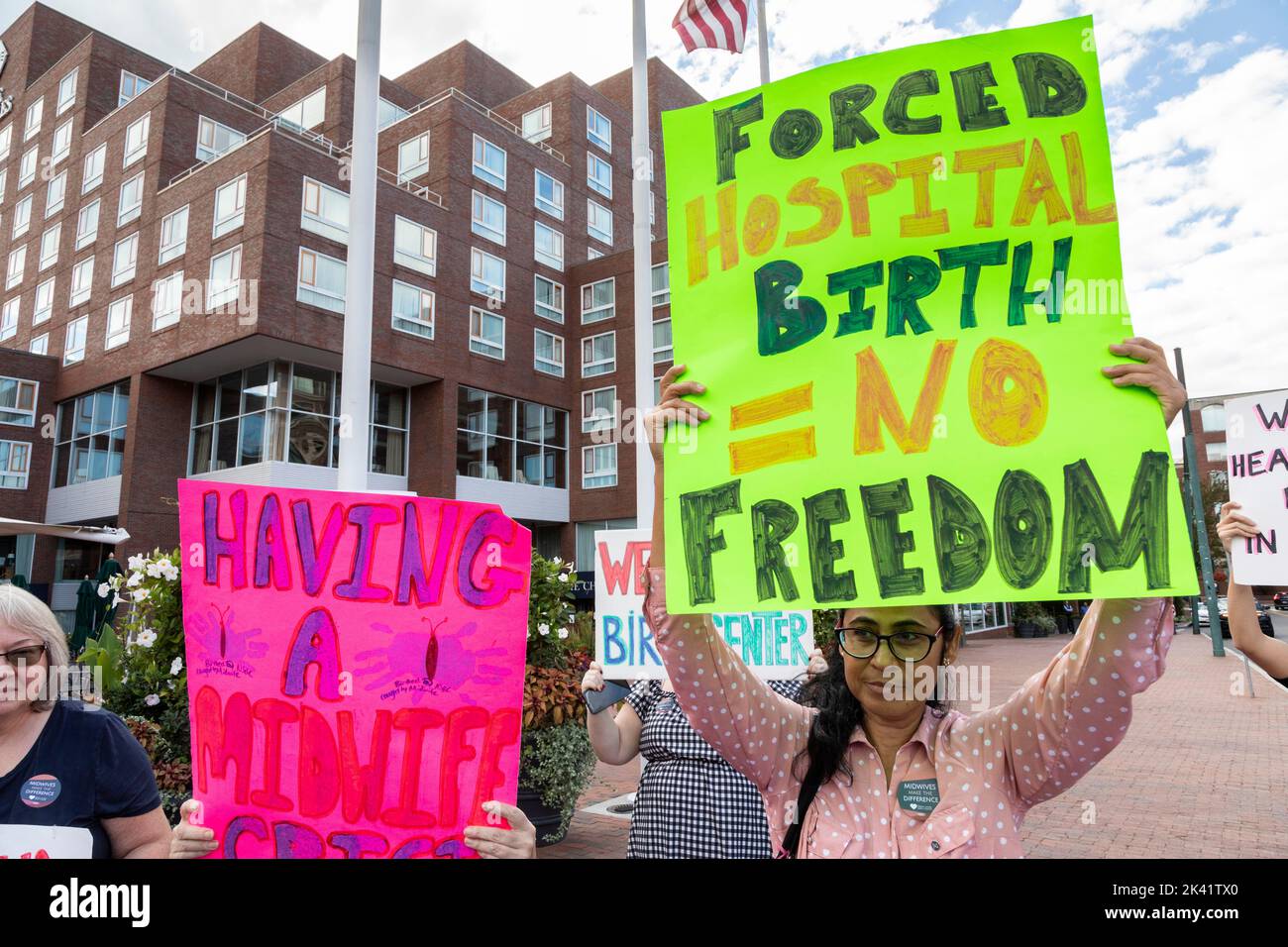 Sept. 28, 2022. Cambridge, MA. Community activists, union organizers and maternal health advocates rallied and marched at Beth Israel Lahey Health Cor Stock Photo