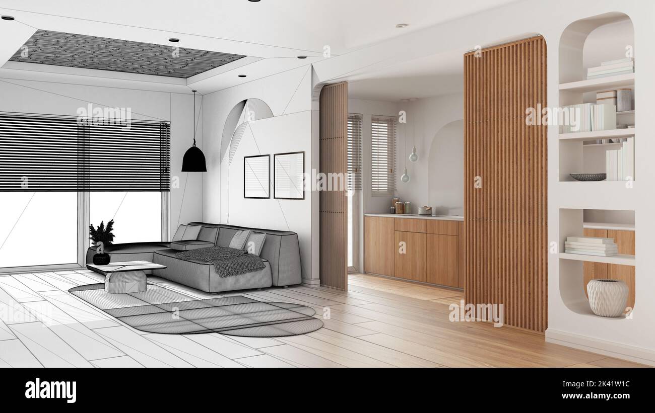 Architect interior designer concept: hand-drawn draft unfinished ...