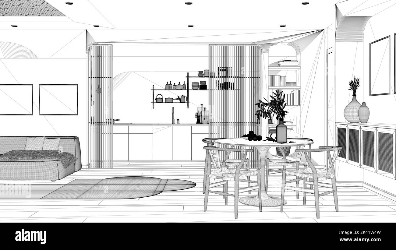 Blueprint project draft, modern kitchen, living and dining room, sofa