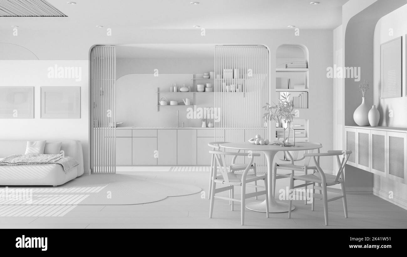 Total white project draft, modern kitchen, living and dining room, sofa