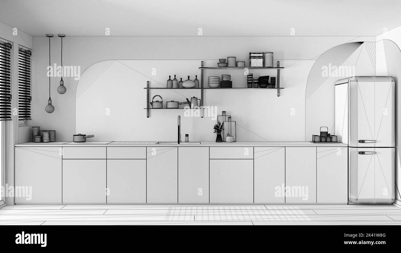 Unfinished project draft, modern contemporary kitchen, wooden