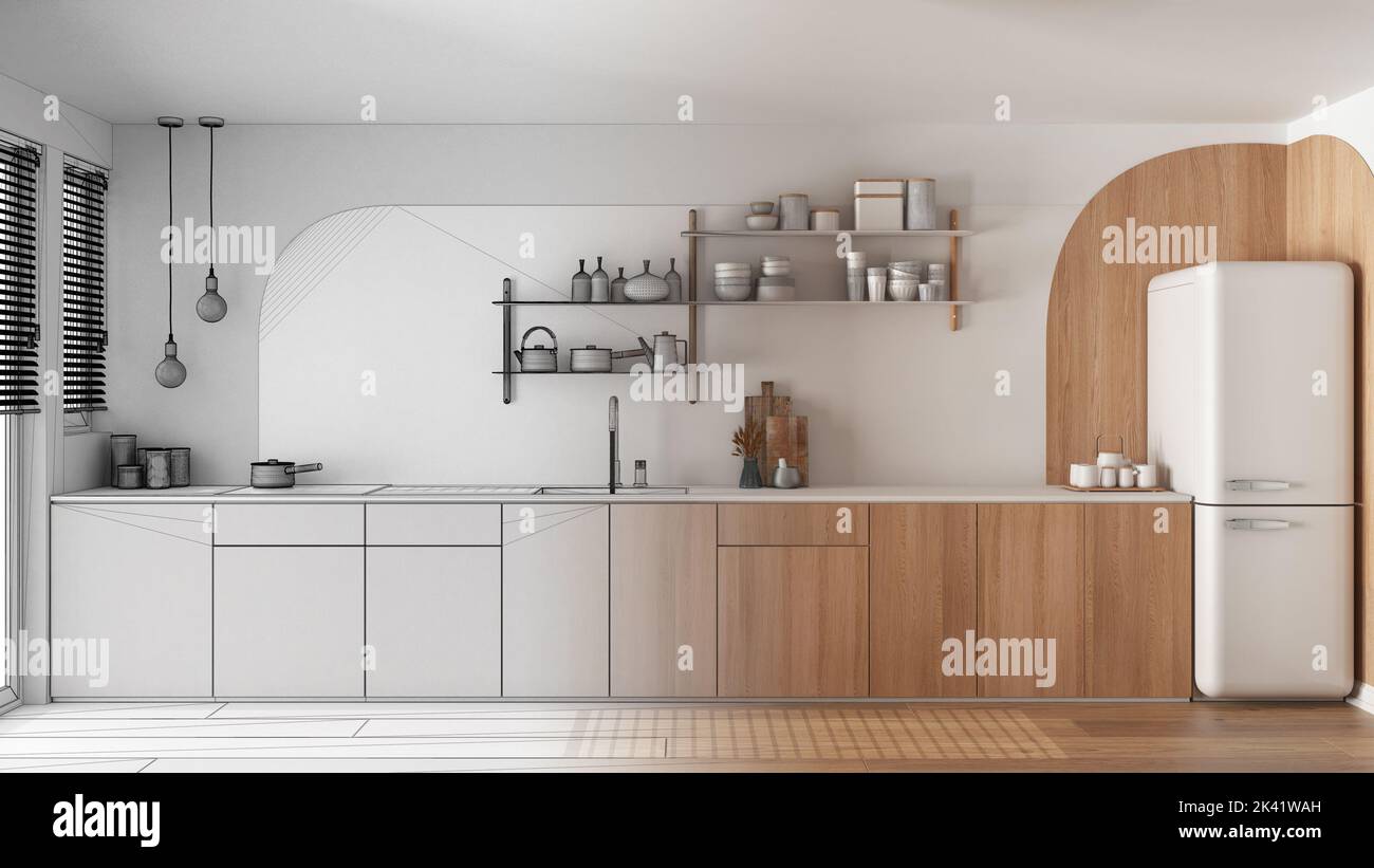 Architect interior designer concept: hand-drawn draft unfinished ...
