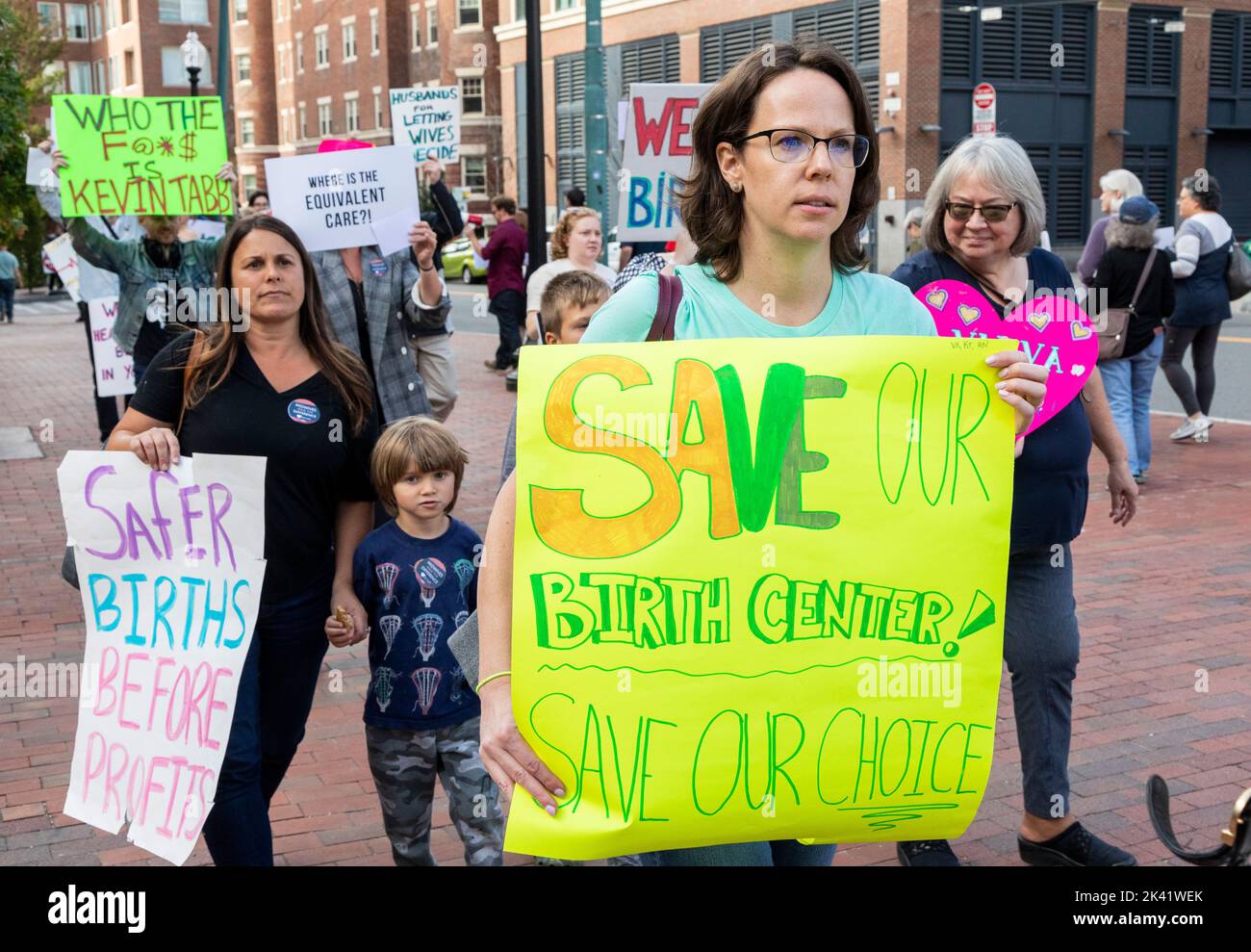 Sept. 28, 2022. Cambridge, MA. Community activists, union organizers and maternal health advocates rallied and marched at Beth Israel Lahey Health Cor Stock Photo