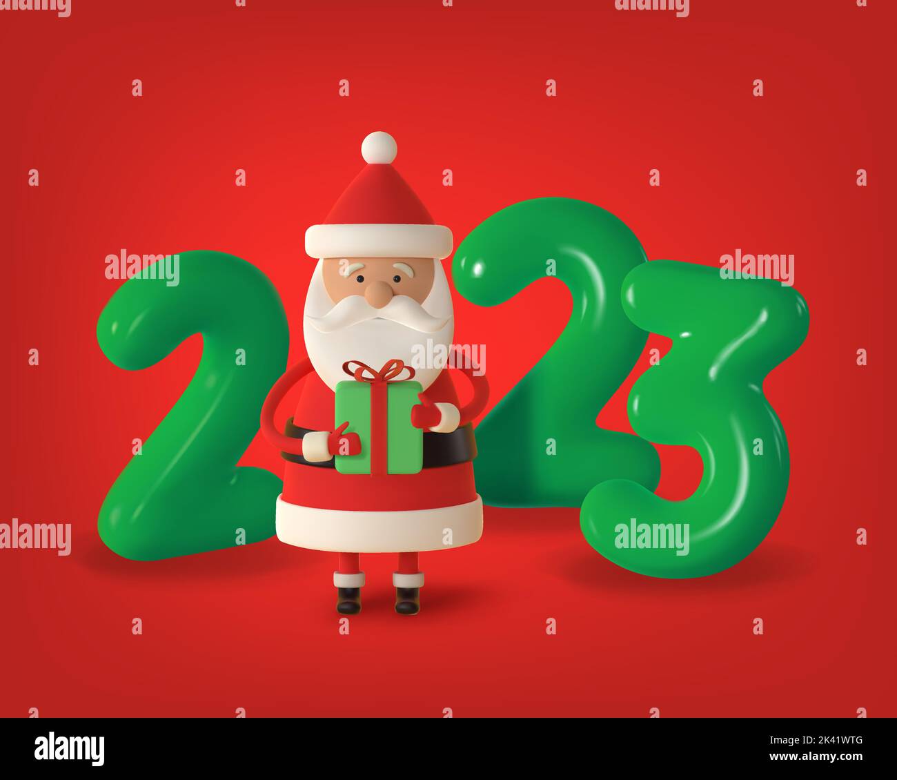 Happy New Year. Christmas Santa Claus with green 2023 number made of plastic. Realistic 3d render. Vector illustration Stock Vector