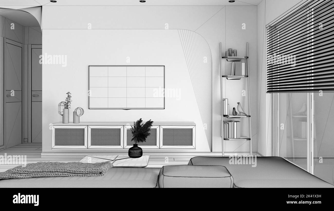 Unfinished project draft, modern wooden living room, velvet sofa with