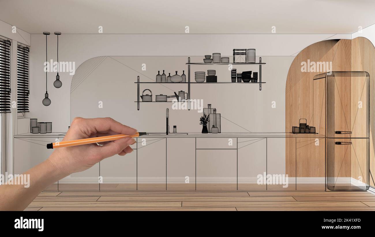 Image showcasing Empty white interior with parquet floor, hand drawing custom ...