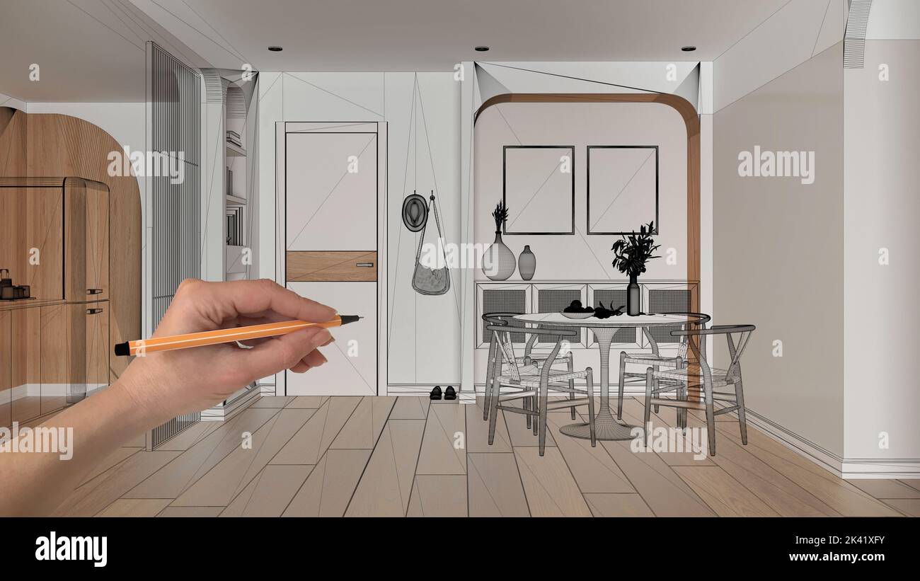 Empty white interior with parquet floor, hand drawing custom ... - Custom Architecture Background