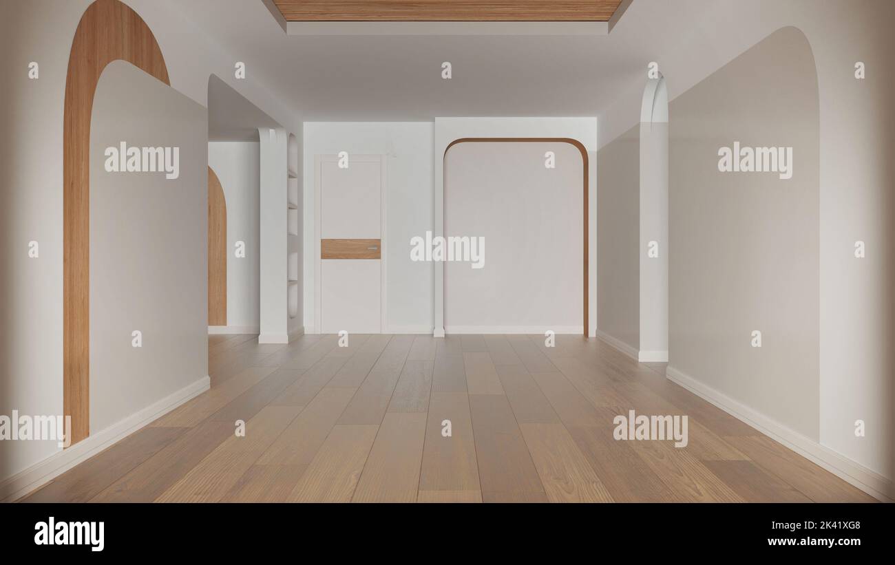 Empty room interior design, open space with oak parquet floor, arched ...