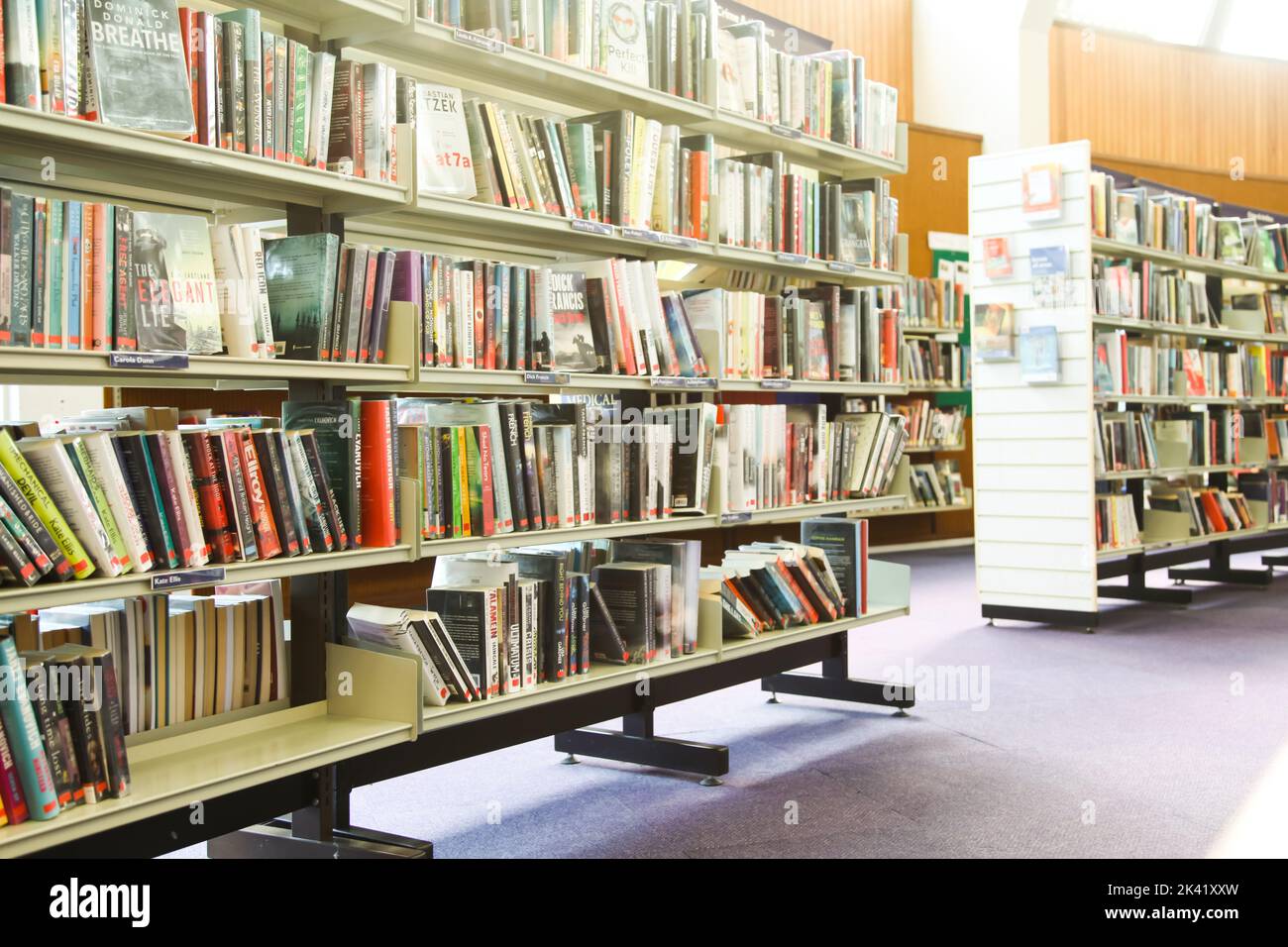 Bourne Hall Interior view of library books on bookshelves, Ewell, Epsom