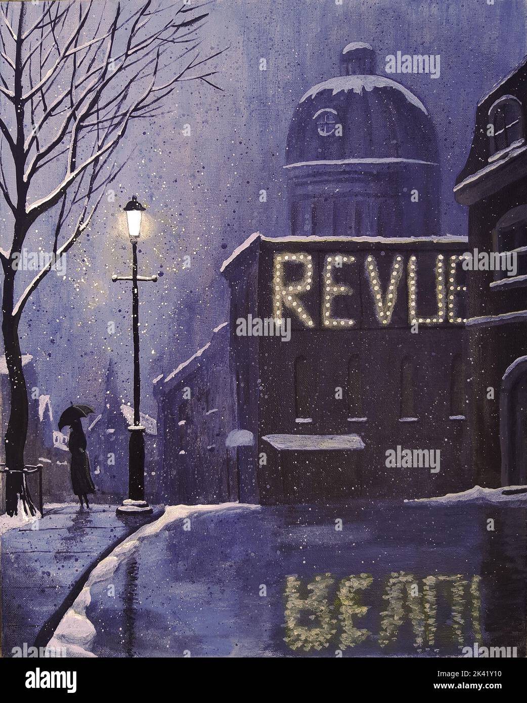 Moody, mysterious retro illustration with a woman walking on the city