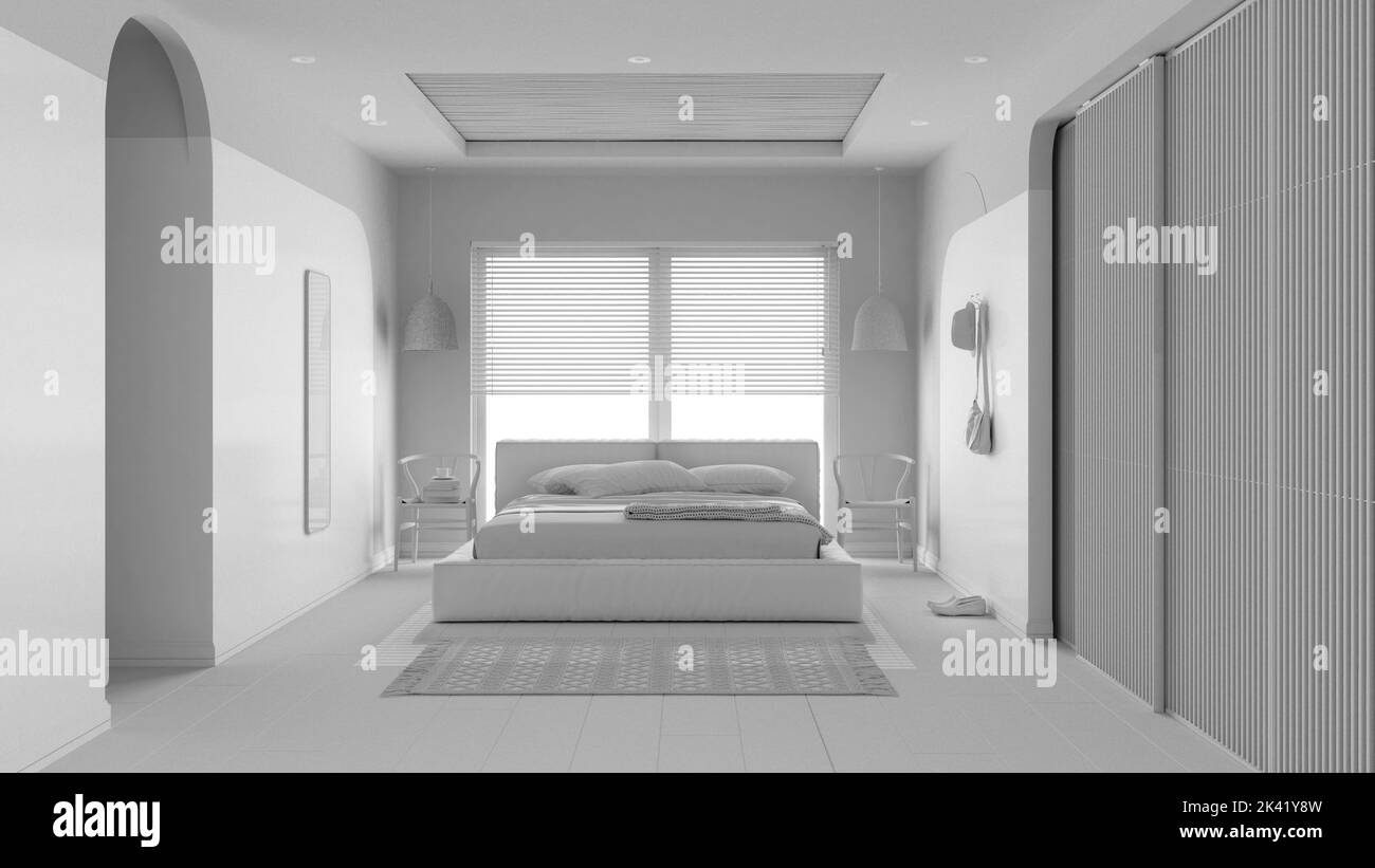 Total white project draft, modern wooden bedroom, master velvet bed