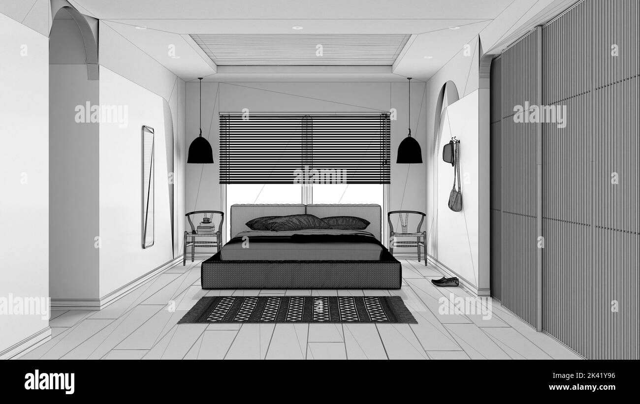 Unfinished project draft, modern wooden bedroom, master velvet bed with pillows and blanket, lamps, chairs, cloth hanger. Parquet, carpet, window, sli Stock Photo