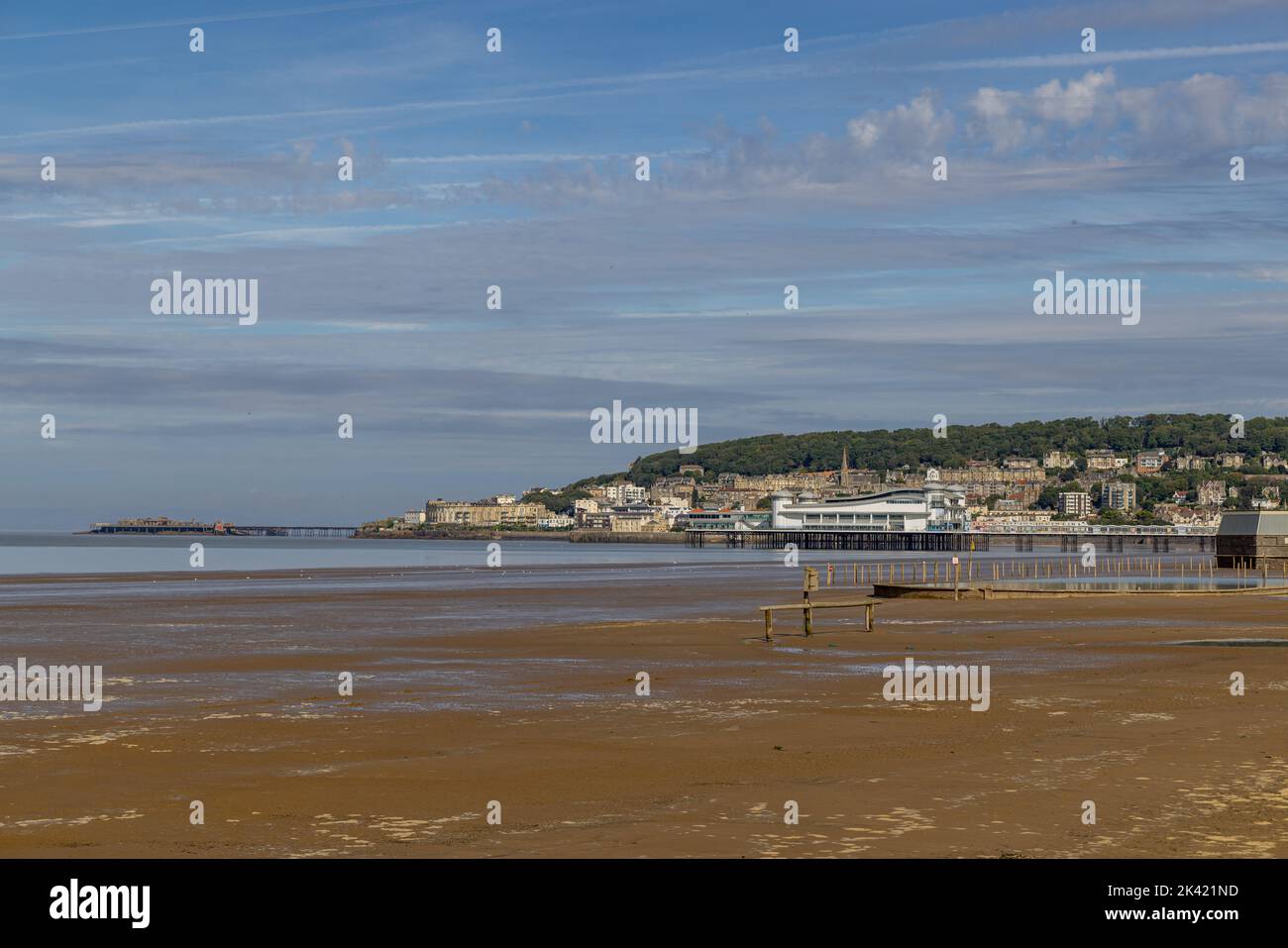 Grand Pier and Birnbeck pier at low tide Stock Photo