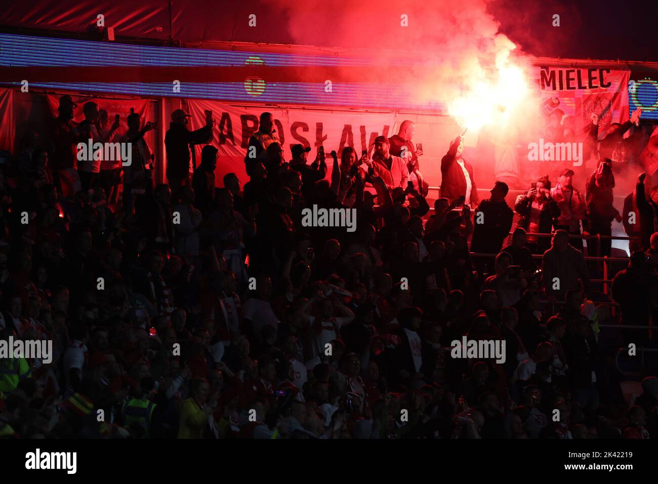 Poland fans in away end let off red flares.  UEFA Nations league, group D match, Wales v Poland at the Cardiff city stadium in Cardiff, South Wales on Stock Photo