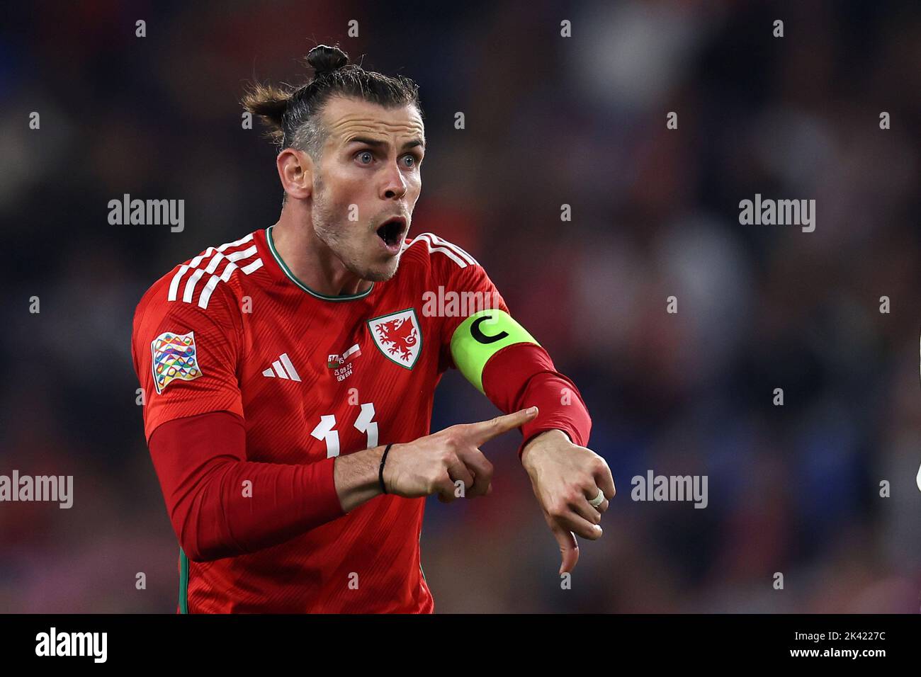 Gareth Bale of Wales reacts to time wasting by Poland. UEFA Nations league, group D match, Wales v Poland at the Cardiff city stadium in Cardiff, Sout Stock Photo