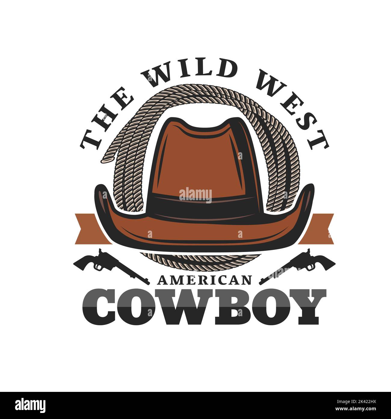 American cowboy hat icon of vector Wild West and western. Rodeo cowboy, sheriff or Texas bandit brown leather hat with guns and ranch rider lasso or rancher rope loop isolated symbol Stock Vector