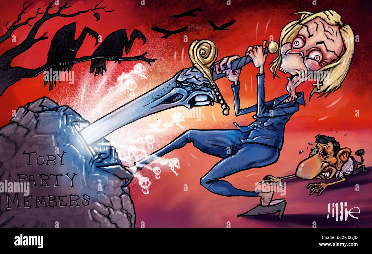 Satirical caricature showing British PM Liz Truss puling Excalibur from stone The sword looks like Margaret Thatcher reflecting Tory members wishes Stock Photo