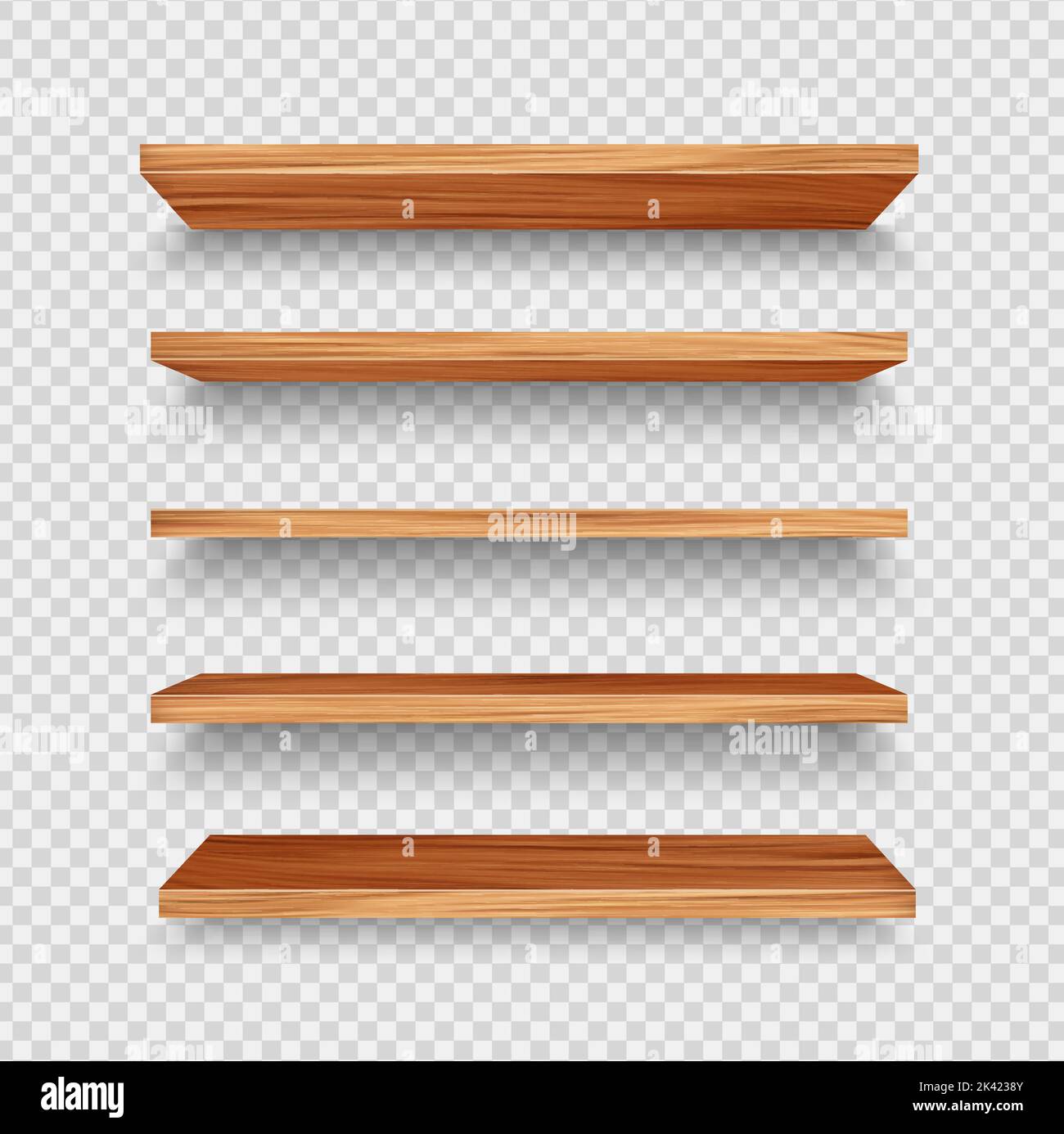 Wooden store shelf, realistic 3D shelves of wood on vector transparent wall background. Front view of empty wood bookshelf or shop product wooden rack, library stand and home interior books shelf Stock Vector