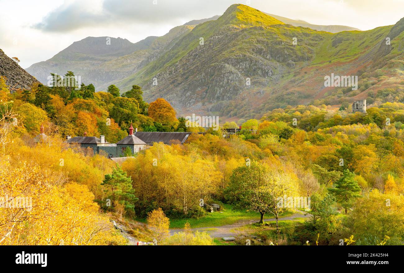 The National Slate Museum, Llanberis, North Wales, with Snowdon in the distance. Image taken in Autumn 2021. Stock Photo