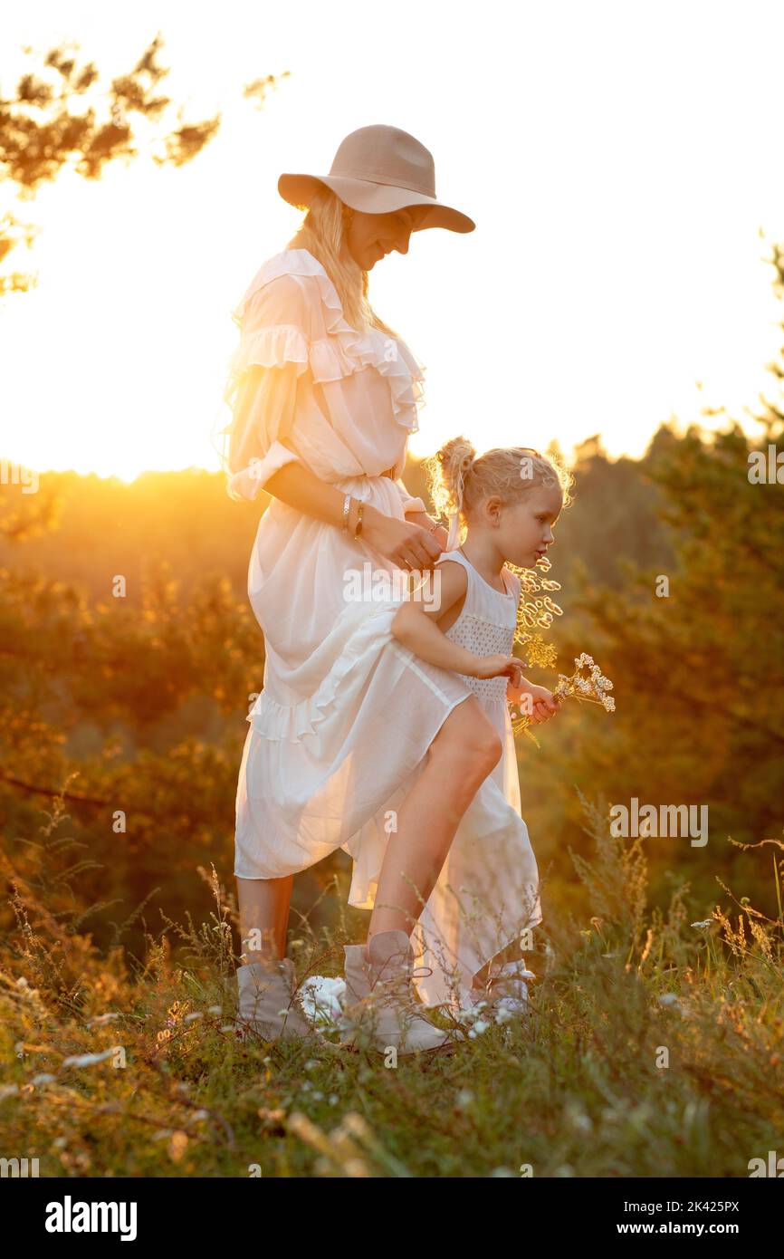 Vertical fairy woman, mother in hat and little blonde daughter in dresses collect flowers on field area against sunset. Stock Photo