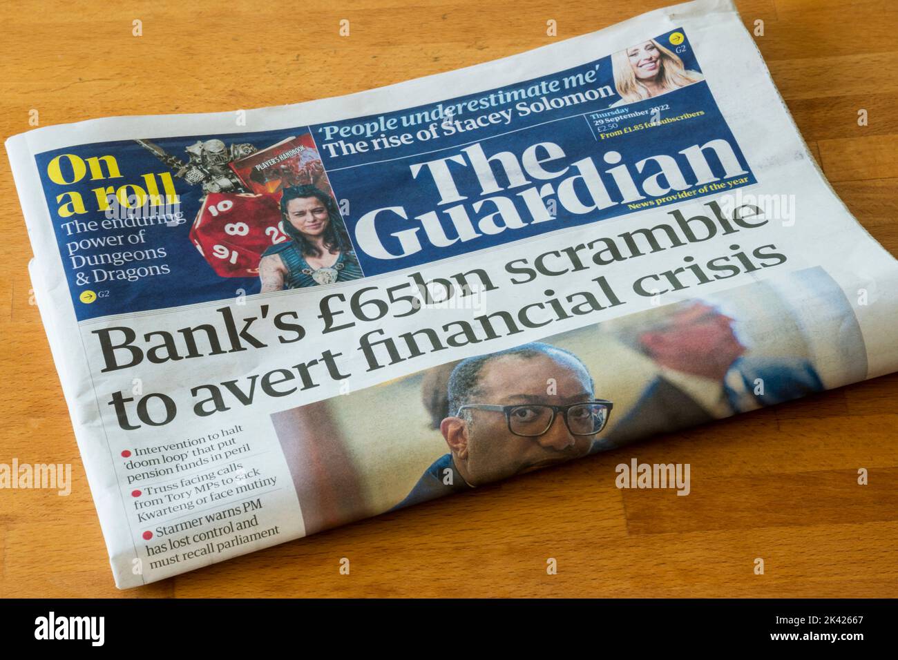29 Sept 2022 Guardian headline is Bank's £65bn scramble to avert financial crisis.  Refers to adverse reaction of markets to mini-budget by Chancellor of the Exchequer, Kwasi Kwarteng. Stock Photo