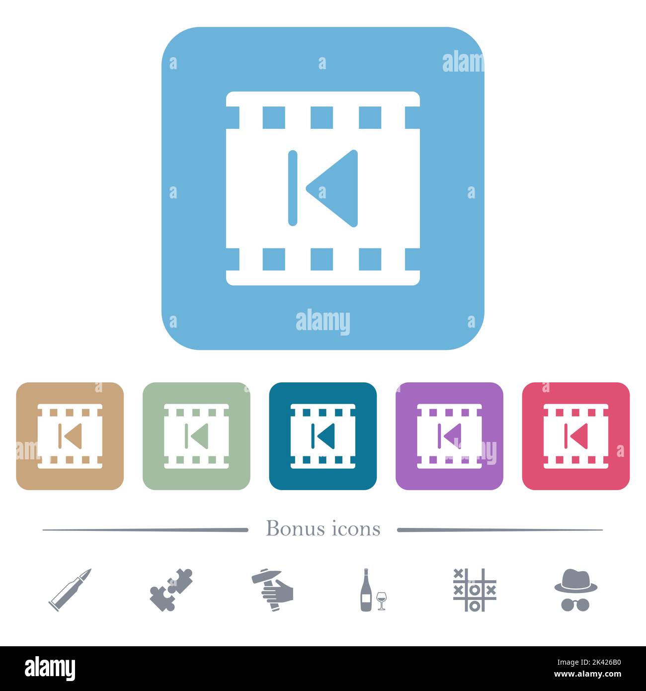 Previous movie white flat icons on color rounded square backgrounds. 6 ...